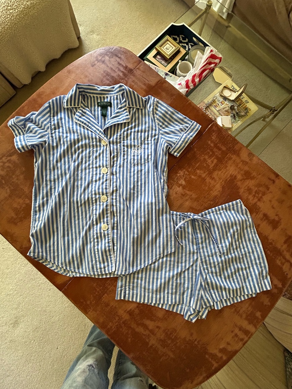 LRL Pajama Short Set Blue and White Stripes Size Small - Picture 4 of 4